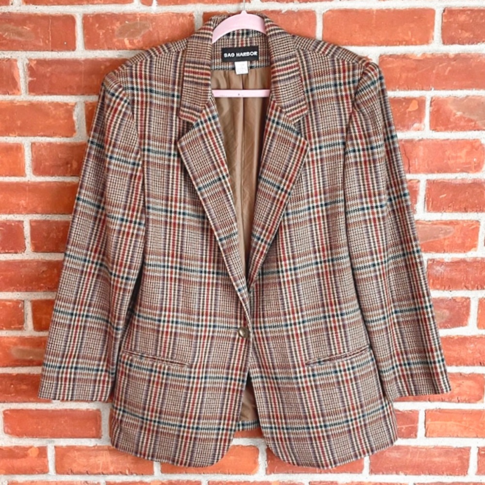 Vintage 90’s wool oversized tan plaid blazer